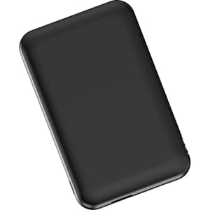 A sleek black power bank with a smooth surface and rounded edges, featuring a discreet logo.