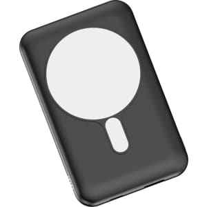 A black magnetic power bank with a circular area on one side, featuring a logo. Capacity of 10,000 mAh.