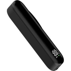 A black magnetic power bank with a digital display and a sleek, slim design. It has a branding logo.