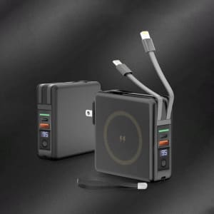 A black magnetic travel charger with multiple cables and a digital display, featuring a logo on the side.