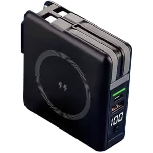 A black portable power bank with a circular design, USB ports, and a battery level indicator. It has a logo design.