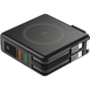 A compact black magnetic travel charger with multiple ports for charging devices, featuring a sleek design and a logo.