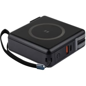 A compact black power bank with multiple ports and a carrying strap. It features a circular design and a logo.
