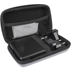 A black power bank and charger in a grey zippered case, featuring a mesh pocket for additional accessories.