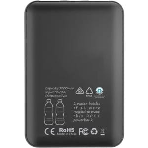 A black power bank with a capacity of 5000 mAh, featuring a logo and eco-friendly materials.