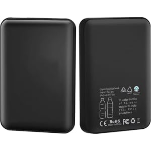 A black eco-friendly power bank with a sleek design, featuring a logo and information on one side.