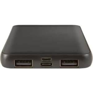 A black power bank with dual USB ports and one Type-C port. It features a smooth surface and a minimalist design.