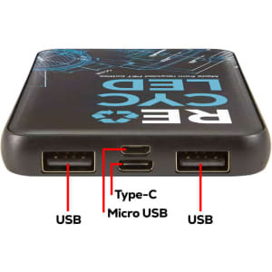 A black power bank with multiple USB ports, featuring a logo and a design related to eco-friendliness.
