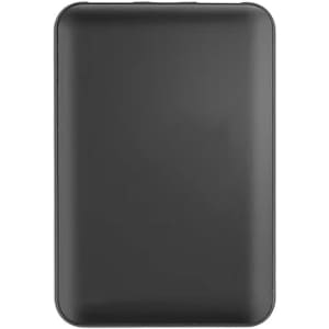 A black power bank with a sleek design, featuring a logo on the surface.