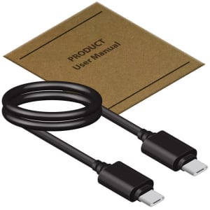 A black charging cable with USB-C connectors, accompanied by a brown user manual.