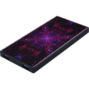 A black power bank featuring a vibrant, multicoloured patterned design. It has two USB ports and a logo.