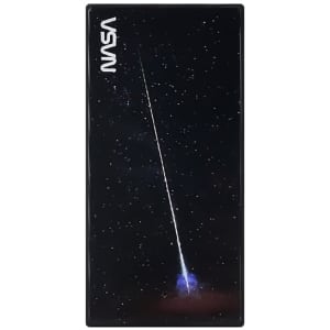 A black power bank with a starry design and a blue shooting star graphic. Features a logo.
