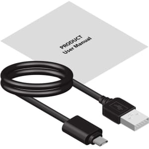 A USB charging cable in black alongside a user manual. The items are arranged with a simple, clean background.