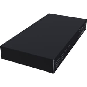 A black power bank with rounded edges, featuring a logo and labelled specifications on one side.