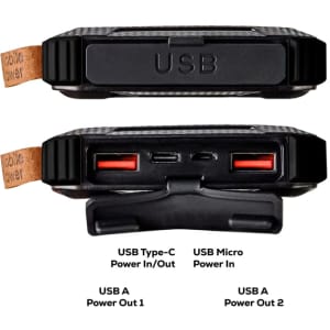 A solar power bank in black with multiple USB ports for charging devices. It features a branded design.