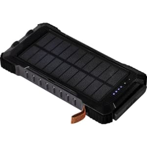 A solar power bank in black with a rugged design, featuring charging indicators and a branding label.