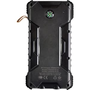 A black rugged solar power bank with a compass on top and textured sides for grip.