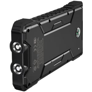 A black solar power bank featuring a rugged design, with two built-in flashlights and a compass.