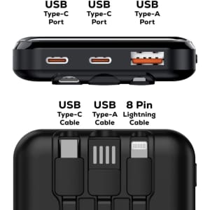 A black power bank with USB Type-C and Type-A ports, and an 8 Pin Lightning cable. It features a logo.