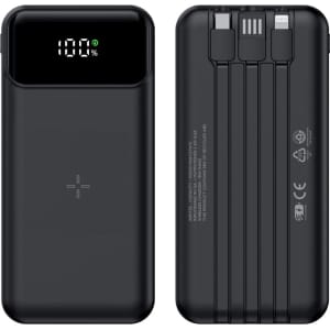 A black wireless power bank featuring a digital display and multiple charging ports.