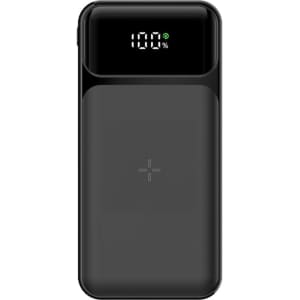 A black 10,000 mAh wireless power bank with a digital display and a logo.