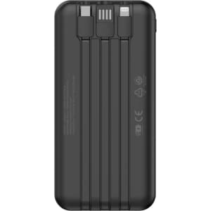 A black wireless power bank with three connectors and a compact design, showcasing multiple charging options.