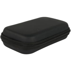 A black, hard-shell case with a zip closure, designed for storing small items or electronics.