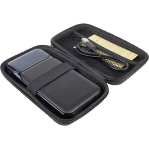 A black wireless power bank with a protective case and a charging cable inside.