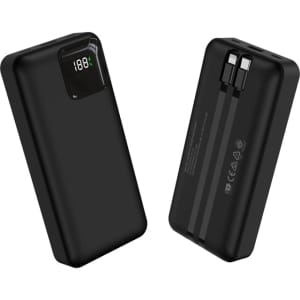 A black power bank with dual charging ports and a digital display indicator for battery percentage.