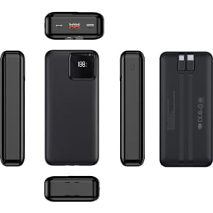 A black power bank featuring multiple angles, a digital display, and a logo. Capacity is 20,000 mAh.