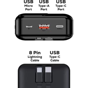 A black power bank featuring multiple USB ports, including Micro, Type-A, and Type-C, along with cables for connection.