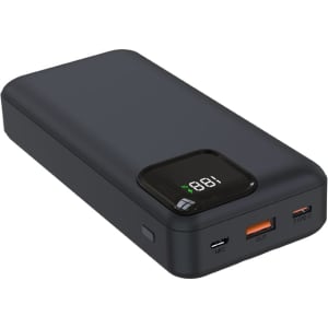 A sleek black power bank with a digital display, offering quick charge options and multiple ports.