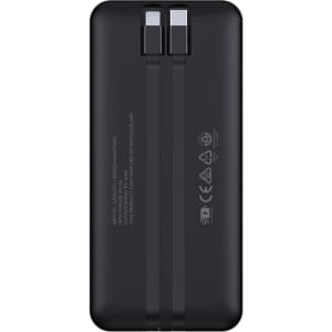 A black power bank with dual charging ports, featuring a sleek design and a manufacturer's logo.