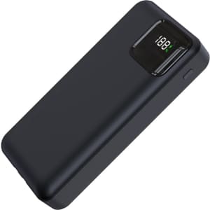 A black power bank with a digital display, featuring a sleek design and rounded edges.