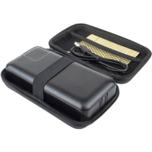 A black power bank with a carrying case and charging cable, featuring an organisational strap inside.