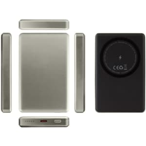 A black and silver 15W MagSafe wireless power bank with four components and an LED charge indicator.