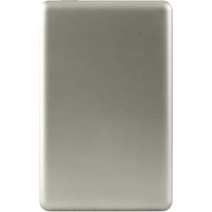 A silver power bank with a sleek design, featuring a logo on one side.