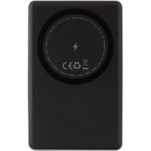 A black 15W MagSafe wireless power bank with a circular charging area and a logo on the back.