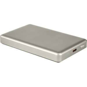 A silver wireless power bank featuring a sleek design, with a USB-C port and indicator lights.