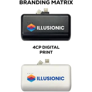 A black and a white power bank with branding, featuring a compact design and USB connections.