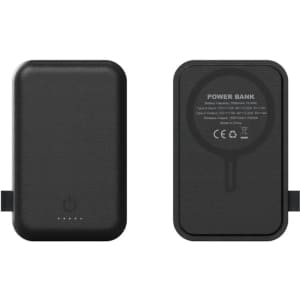 A black power bank featuring a magnetic surface and LED indicator lights, with a branding logo on the back.