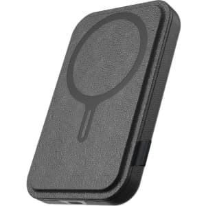 A black power bank with a textured finish and a magnetic charging feature. It has a logo on the surface.