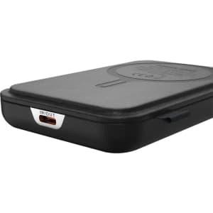 A black power bank with a textured surface and a USB-C port, featuring a logo on the base.