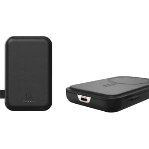 A black power bank with a sleek design, featuring a logo and USB-C port, part of the Fargo range.