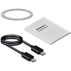 A power bank with a metallic ring, a user manual, and a black USB-C charging cable.