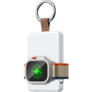 A power bank with a magnetic watch attachment, featuring a white body, grey strap, and an orange accent.