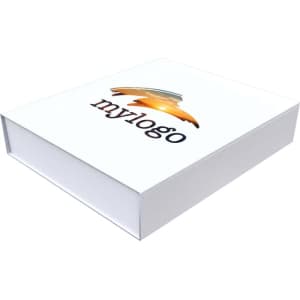 A white box with a logo on the surface, featuring a graphic design element and a sleek, modern aesthetic.