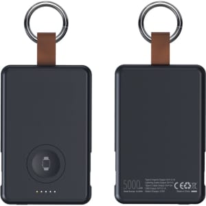 A black magnetic power bank with a leather strap and keyring, featuring a circular charging area and indicator lights.