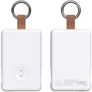 A white power bank with a keyring loop and a brown leather strap, featuring a built-in charger and indicator lights.