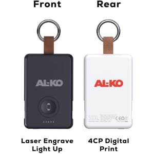 A power bank with a black front, featuring a keyring, and a white rear with a logo and digital print.